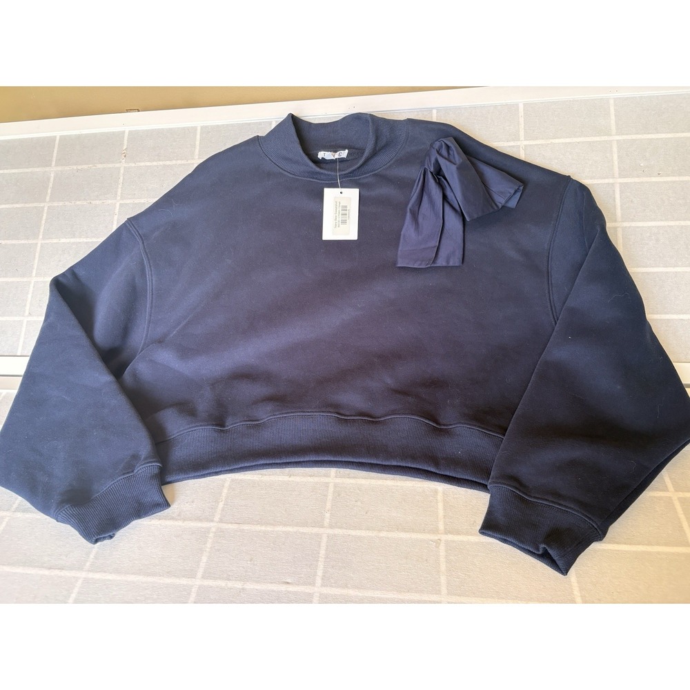 NWT TCEC Navy Bow Sweatshirt Oversized Cropped High Neck Pullover Small $63